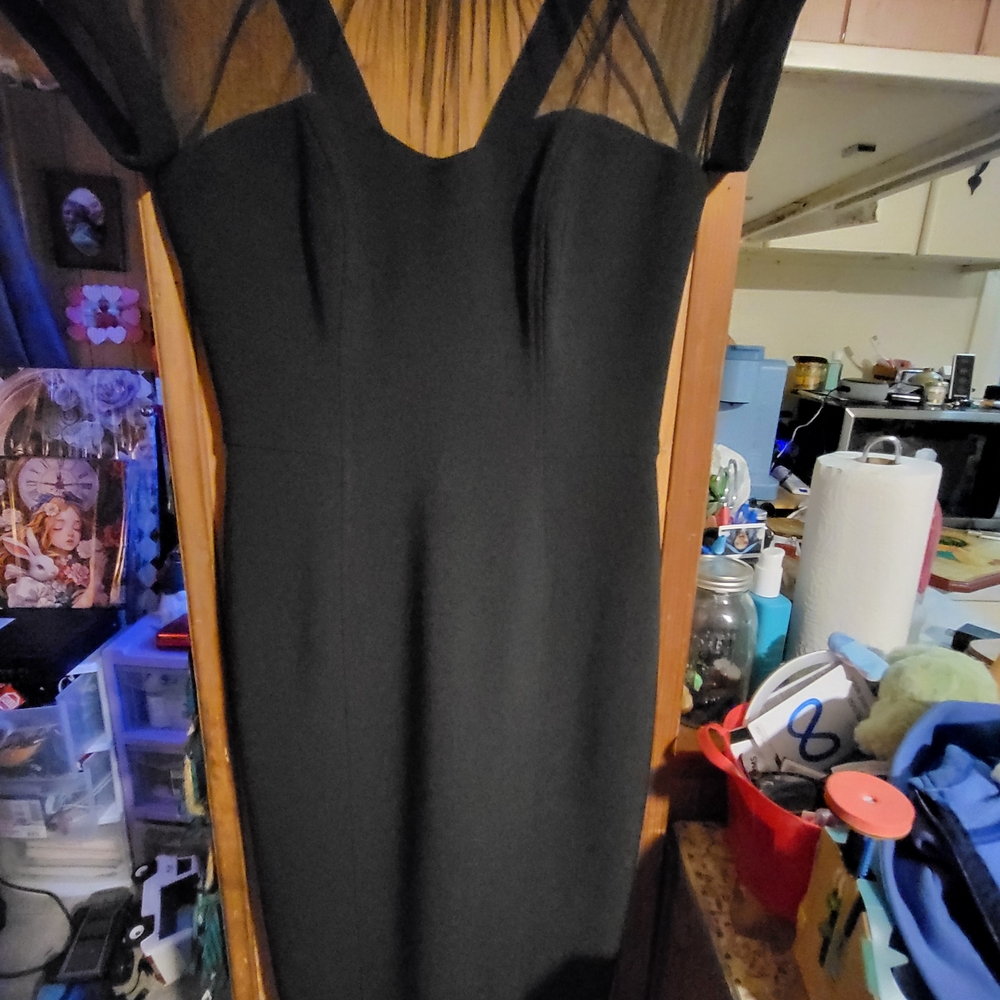 Maggy London Black Backless Sheath Dress with Illusion Yoke
